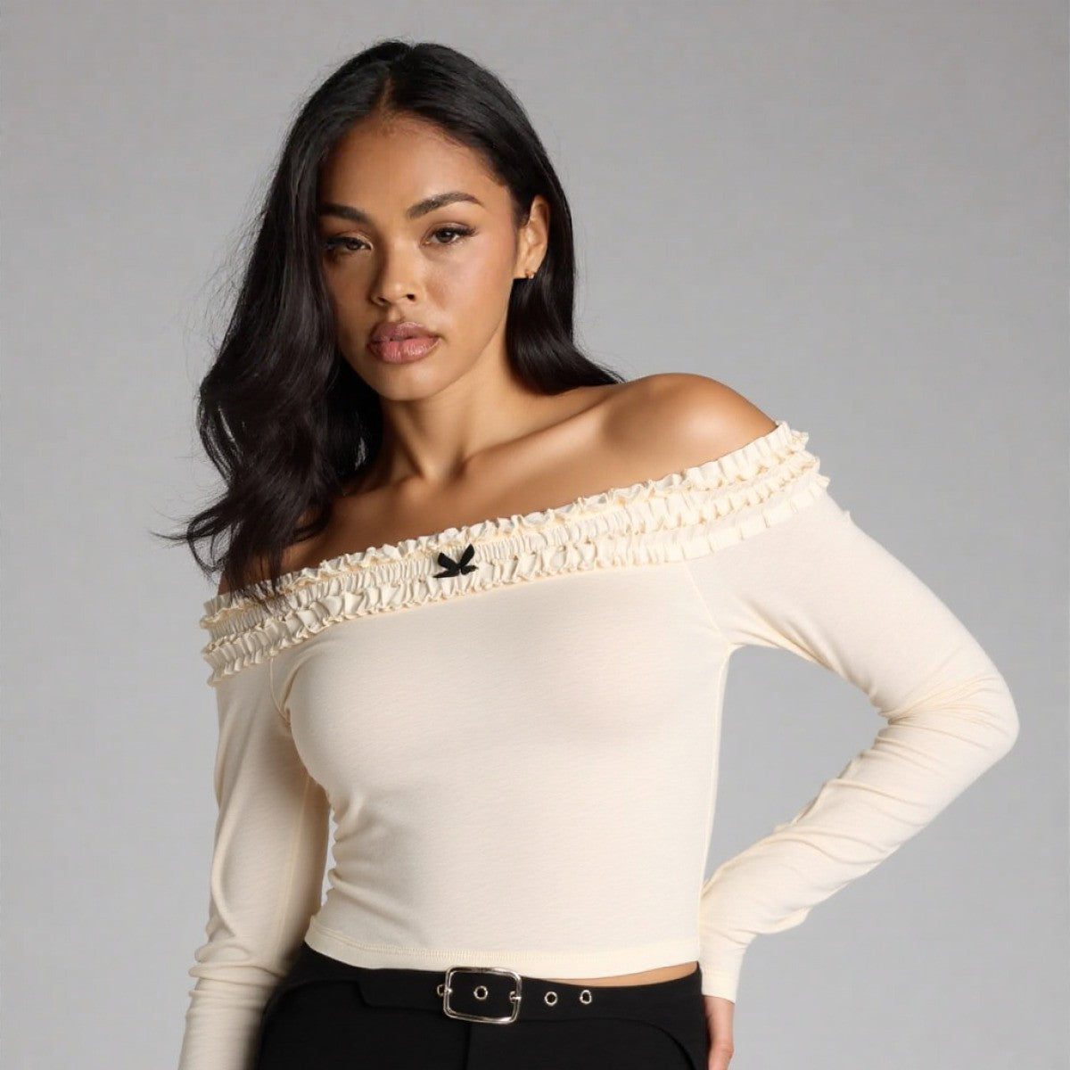 Off-Shoulder Gathered Ribbon Fitted Top