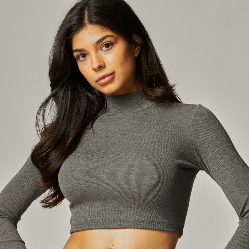 Ribbed Knit Cropped Mock Neck Long Sleeve Tee