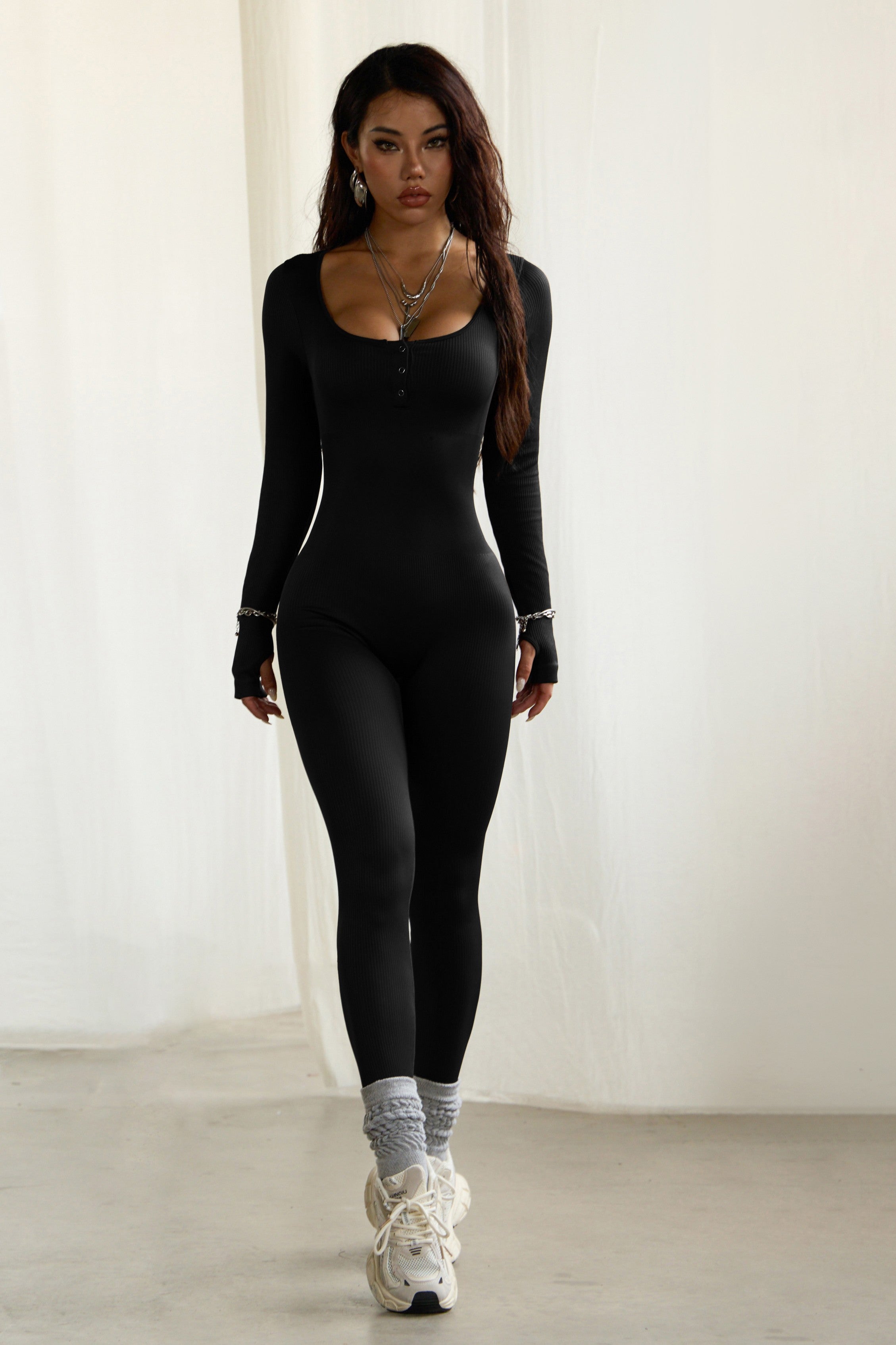 Seamless Ribbed Long Sleeve Front Button Jumpsuit