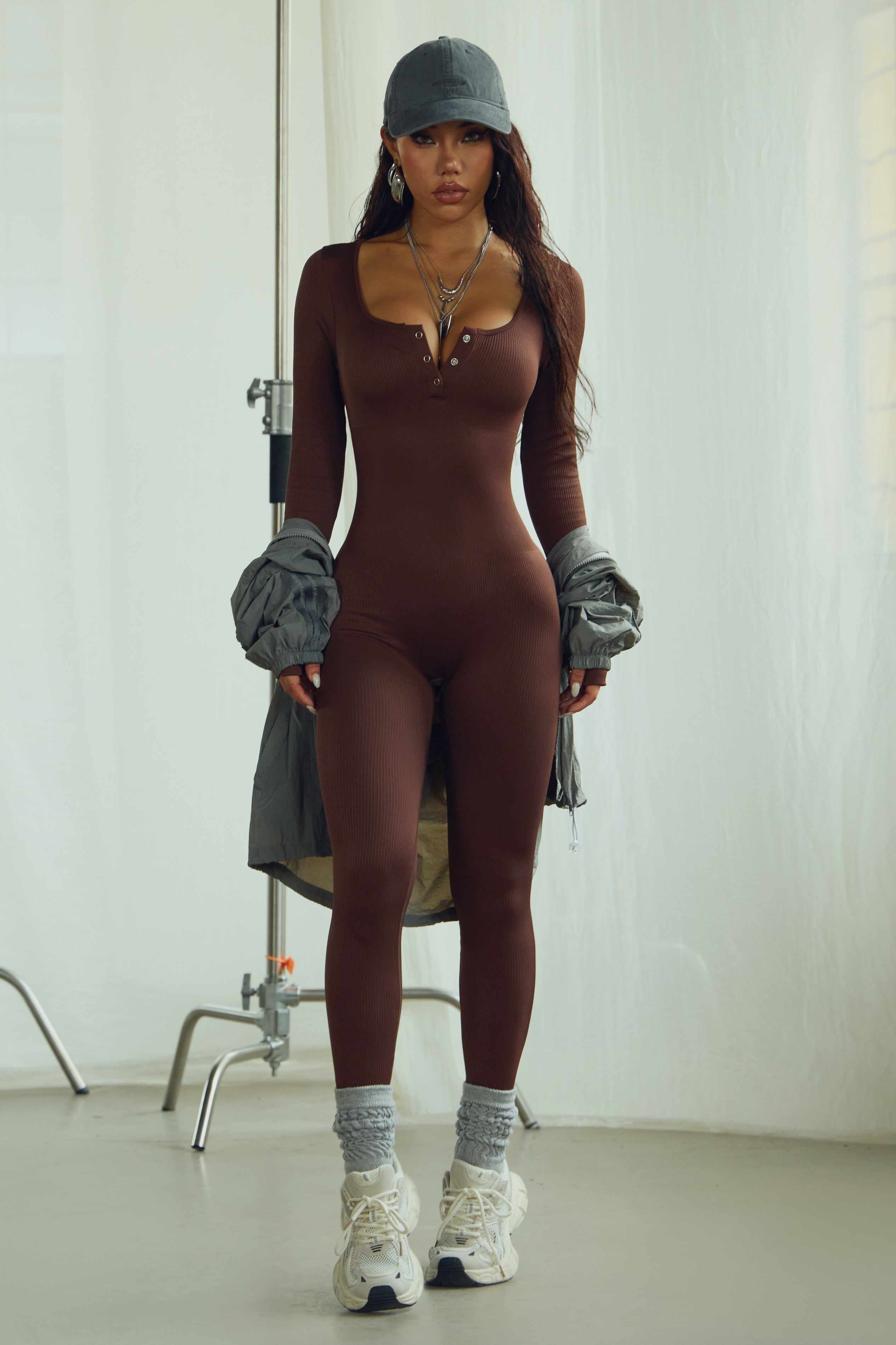 Seamless Ribbed Long Sleeve Front Button Jumpsuit